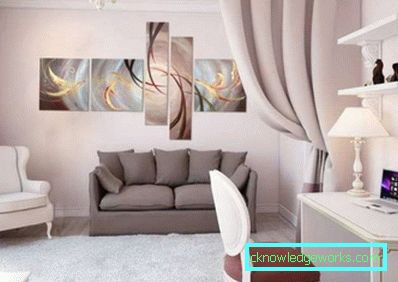 Modularne slike u unutrašnjosti dnevne sobe preko kauča - foto ideje