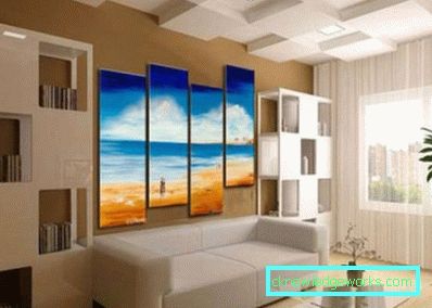 Modularne slike u unutrašnjosti dnevne sobe preko kauča - foto ideje